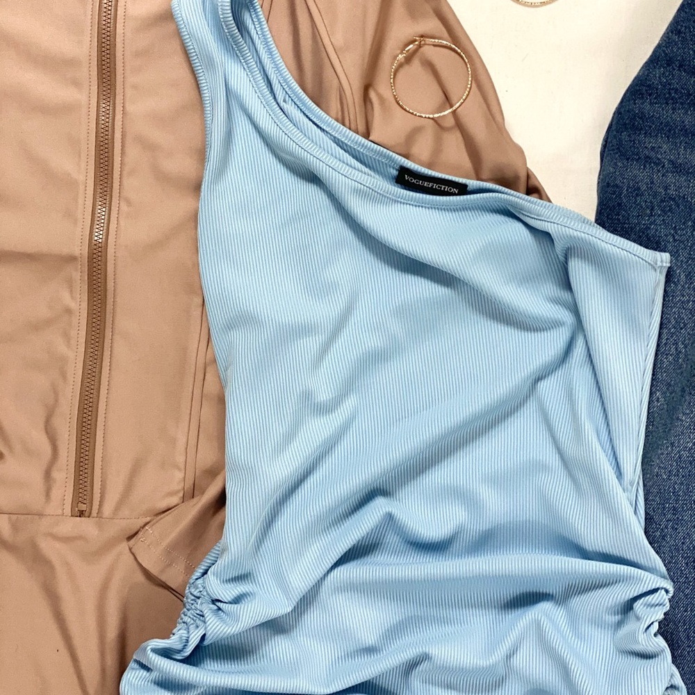 Blue Single Shoulder Drawstring Rib-knit Dress - Picture 4 of 7